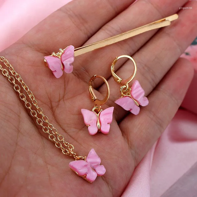 Ketting oorbellen set mode schattige multolor acryl vlinder voor vrouwen zoete meiden hanger haarspeld cadeaus