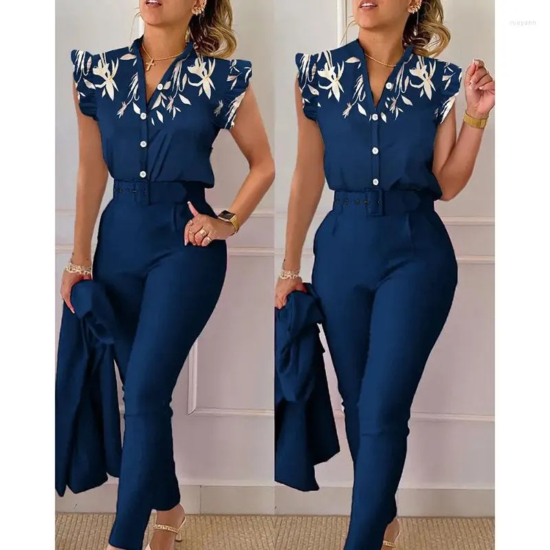 Summer Fashion Print Two Piece Pants And Button Shirt Set For