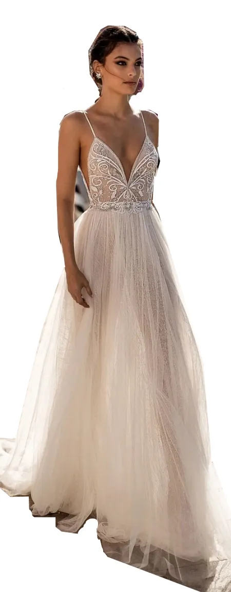 Boho Beach Wedding Dress Sexy A-Line Bridal Gown, Side Split, Spaghetti  Straps, Illusion Back, Pearls Bohemian Wedding Dresses