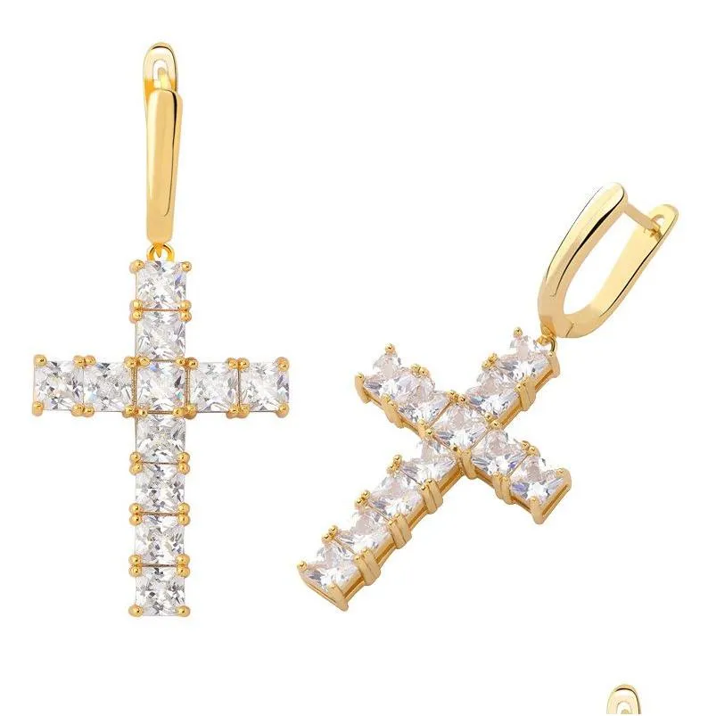 Stud Hip Hop Shining Charm Cross Earrings Style Colorf Bling Zircon Dangle Platinum Plated Wholesale Drop Leverans smycken DHMZT