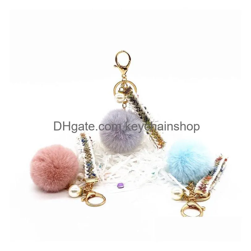 Porte-clés Longes 12 Couleur Boule De Poils Et Perle Porte-clés Sac Ruban Pendentif Voiture Accessoires Suspendus Cadeau Mignon En Peluche Drop Delivery F Dh13K