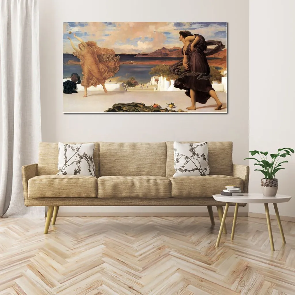 Portrait toile Art filles grecques jouant au bal Frederic Leighton peinture à la main oeuvre classique Loft Decor