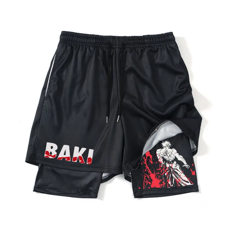 Mäns shorts anime Baki basket shorts 2 in1 performance shorts to gym fitness män kvinnor sommar mesh snabb torr haman tryck sport shorts 230607