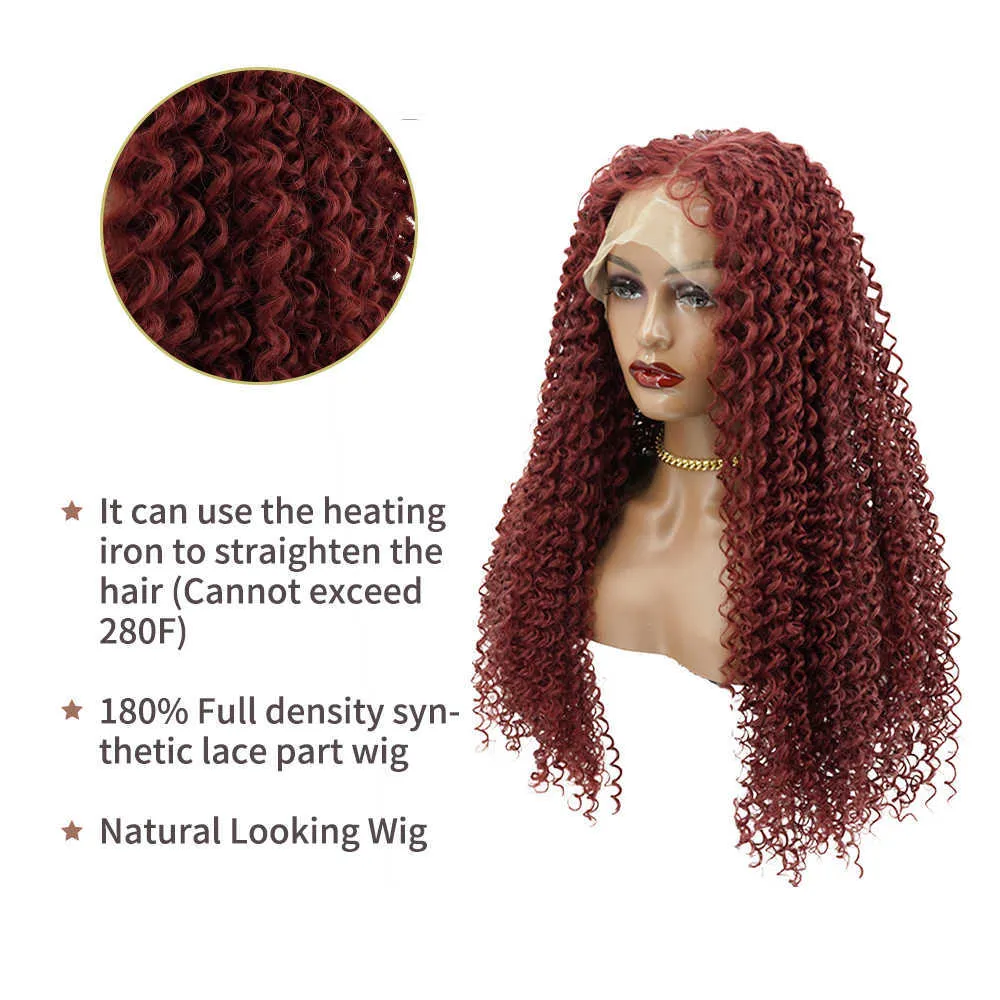 امرأة 99J Burgundy Kinky Curly Lace الباروكات الاصطناعية الأوسط T جزء من الدانتيل الباروكس النبيذ الأحمر ملون 180 ٪ الكثافة الباروكة المجعدة للنساء 230524