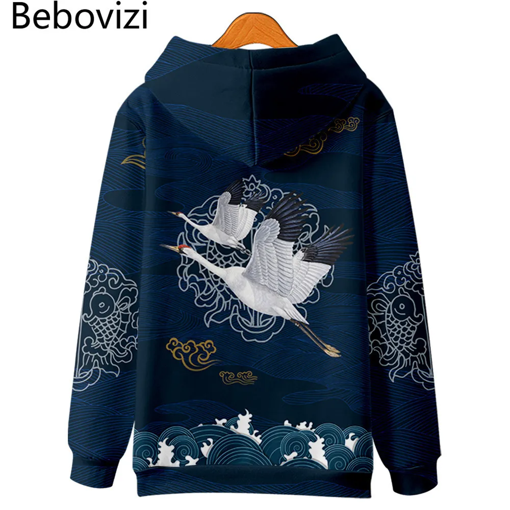 Herrtröjor tröjor harajuku crane tryck hoodie tröja höst japansk casual överdimensionerad hooded hip hop pullover kvinnor män kläder 230608