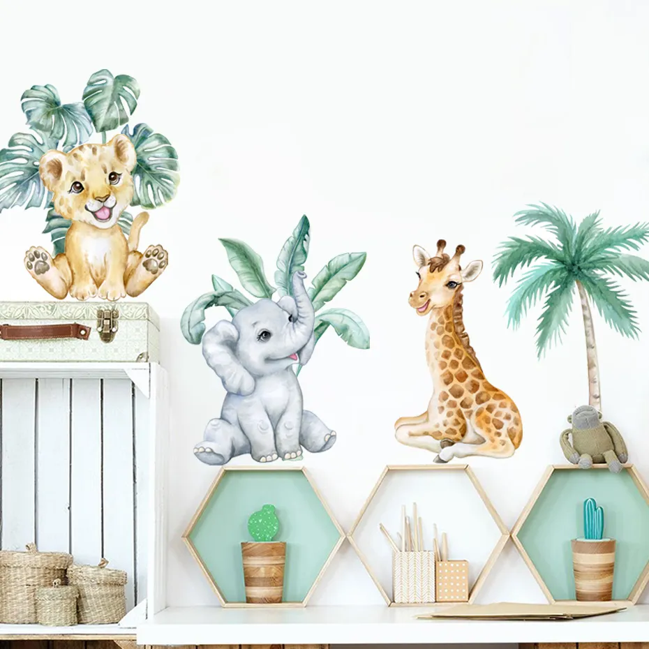 Mignon animaux africains éléphant girafe feuilles Stickers muraux pépinière aquarelle vinyle sticker mural enfants enfants bébé chambre décor