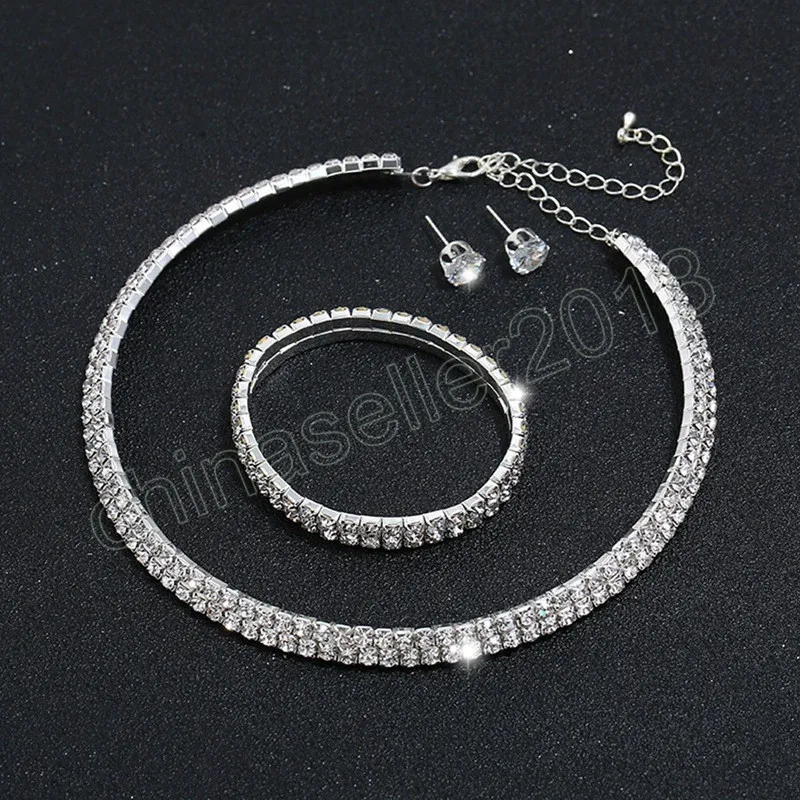 Birdal smycken set för kvinnor bröllop 2 rad strass choker halsband kristall armband ring fyrkantig stud öron silver färg