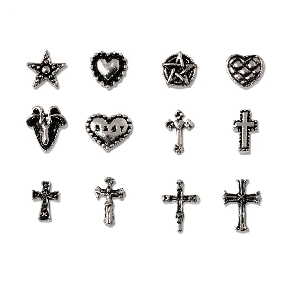 Nagelkonstdekorationer 20st mini legering cross charm 3d liten krom gammal silver hjärtdekoration smycken punk design tillbehör 230608