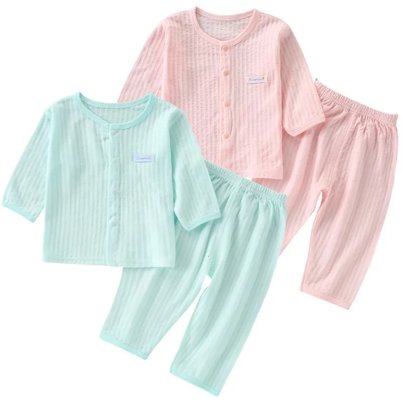 Rompers Baby Boys kläder Summer Long Seced Suit Spädbarn Solid Cotton Colothing Set Söta godisfärger Outfits Girl Pajama 230607