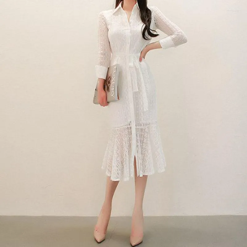 Casual Dresses Spring Autumn Woman Lace Dress Long Sleeve Hollow Out Vestido Offic Lady Elegant