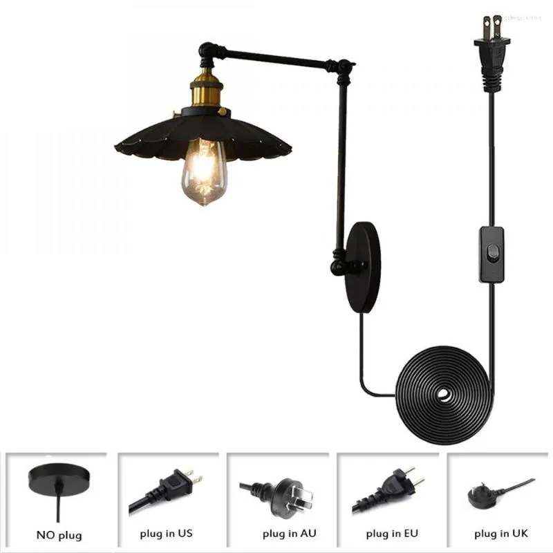 Wandlamp Plug In Sconce Swing Arm Zwart Industriële Metalen Lampen Met Snoer Retro Lichtarmatuur