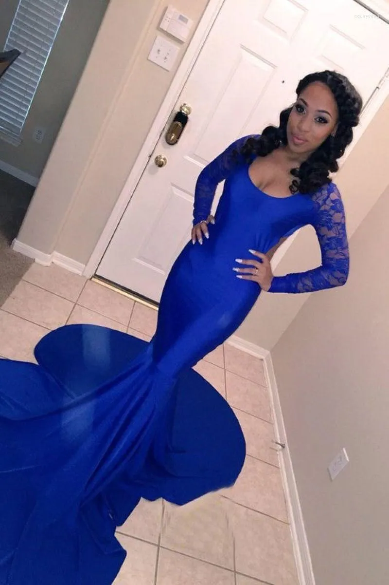 Party Dresses Royal Blue Long Mermaid Prom 2023 Sleeve Open Back Lace Black Girl Formal Evening Gowns Dress