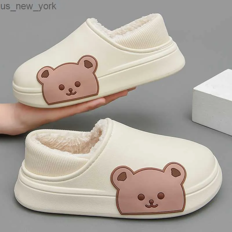 Sapatos de pelúcia de inverno à prova d'água, chinelos, mulheres, casa, sapatos femininos, externos, EVA, algodão, desenhos animados, urso, casais, homens, slides L230518