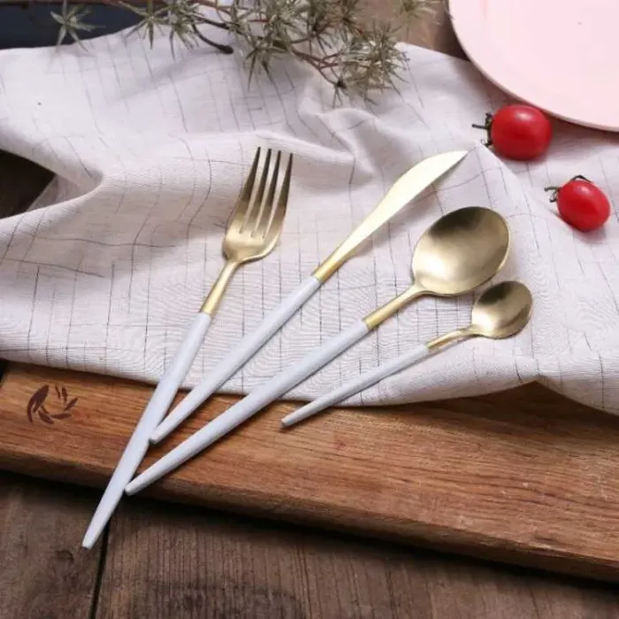 Portugal pointed tail cutlery knife and fork spoon Hotel 304 stainless steel western tableware The white handle golden flatwar