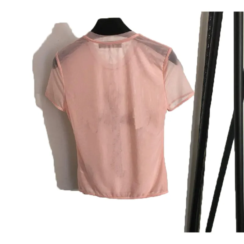 新しいファッションデザイナーレディースTシャツハイエンド半透明レースセクシーな女性トップホローラインストーン半袖クラシック夏のベストファッション