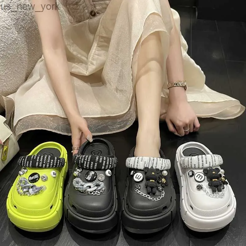 Симпатичный декор женщины вентилируемые сандалии платформы лето на открытом воздухе, близкие кнопки пляжные слайды, новая модельерная обувь L230518