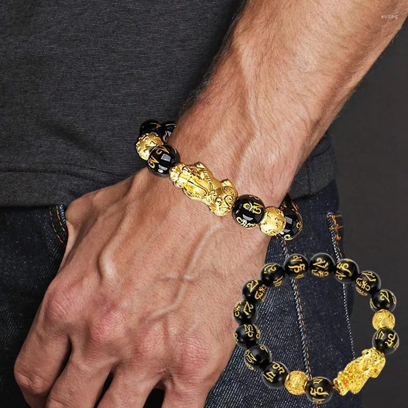 Charm Bracelets Feng Shui Obsidian Stone Beads Bracelet Men Women Unisex Wristband Gold Color Black Pixiu Wealth And Good Luck Changing