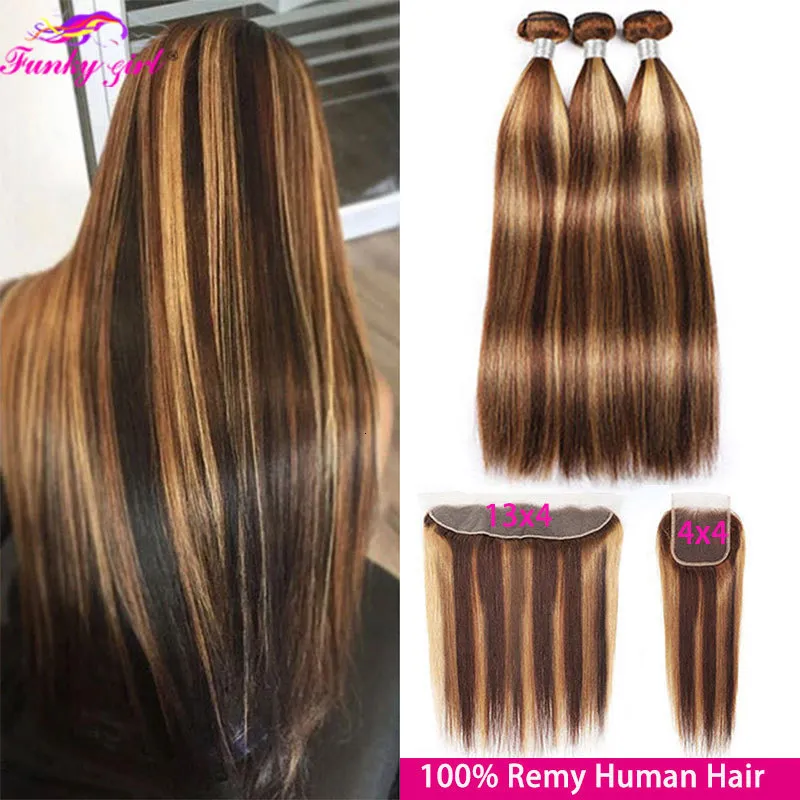 Hårbulkar Brasilianska P4 27 Höjdpunkt Buntar Raka mänskliga hårbuntar med frontal 13x4 Front Ombre Human Hair Weave Bundle med stängning 230607