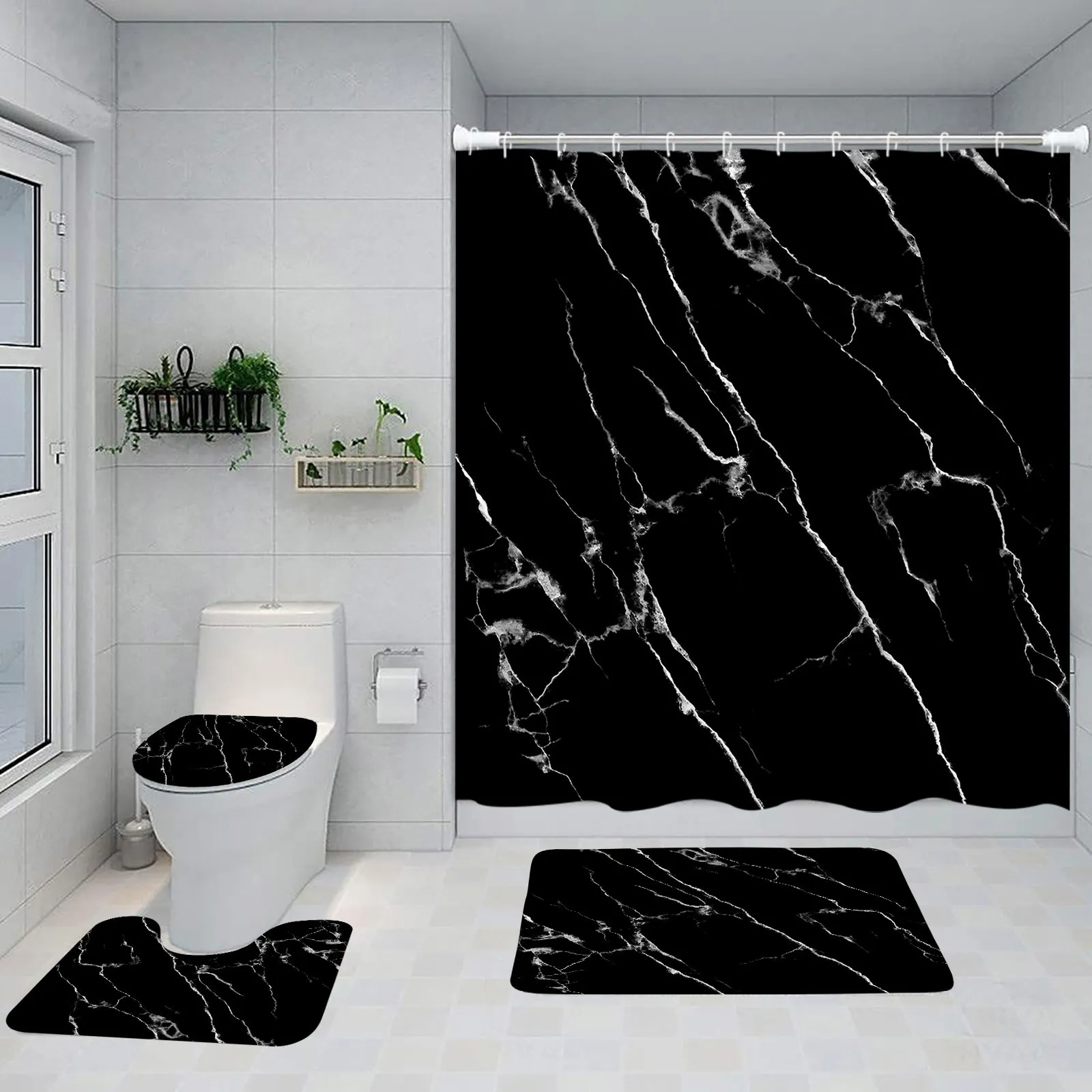 MitoVilla Tenda Doccia In Tessuto Con Texture Marmo E Motivo Geometrico - 72x72 Cm, Con 18 Ganci Metallici