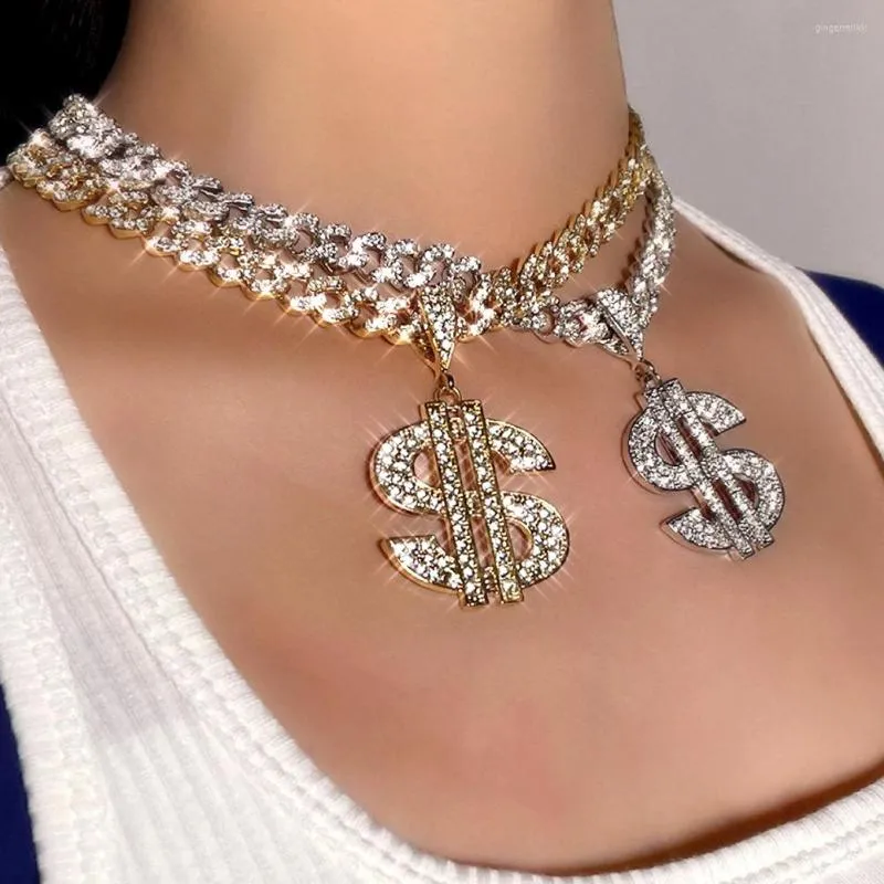 Kedjor Punk Iced Out Rhinestone Cuban Link Chain Halsband Choker för kvinnor Män Fashion Dollar Shiny Crystal Pendant Smycken