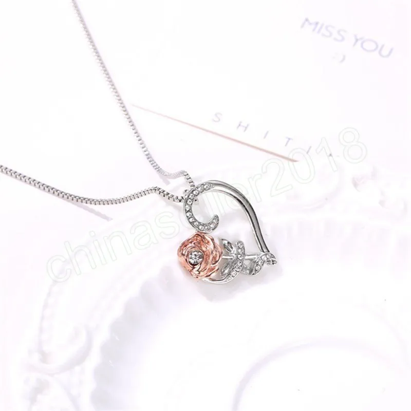 Creative Love Rose Heart Pendant Necklace For Women Exquisite Zircon Forever Necklace Romantic Valentine's Day Jewelry Gift