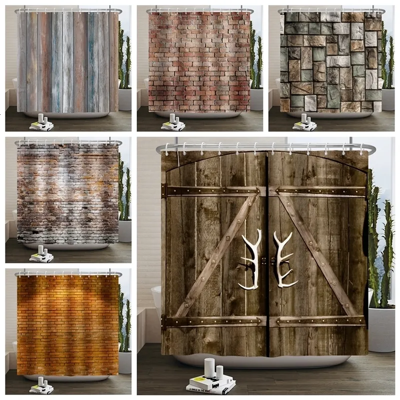 Rideaux de douche impression 3D brique rideaux de douche Vintage pierre mur de briques porte en bois polyester tissu suspendu rideau baignoire salle de bain décor 230607