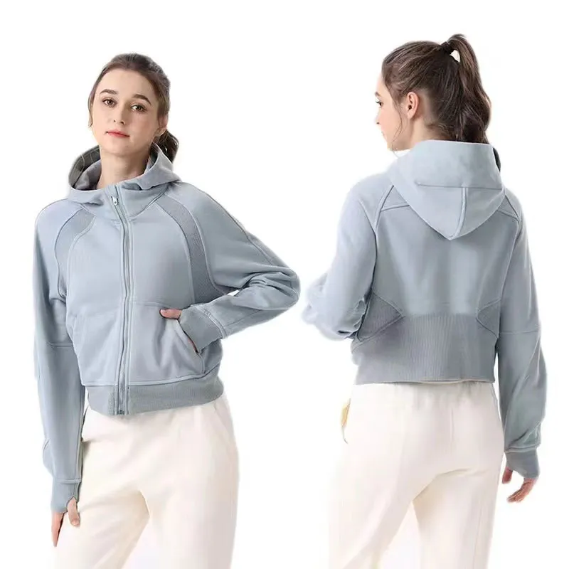 LL Felpa con Cappuccio da Donna Autunno Felpa con Cappuccio da Yoga Giacca Sportiva da Donna Mezza Cerniera Cerniera Intera Spessa Stile Corto Allentato con Felpe in Pile Lululemen Donna Donna