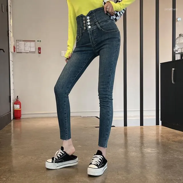 Jeans de mujer 2023 estilo coreano elegante doble botonadura adelgazamiento desgastado estiramiento cintura alta cintura delgada