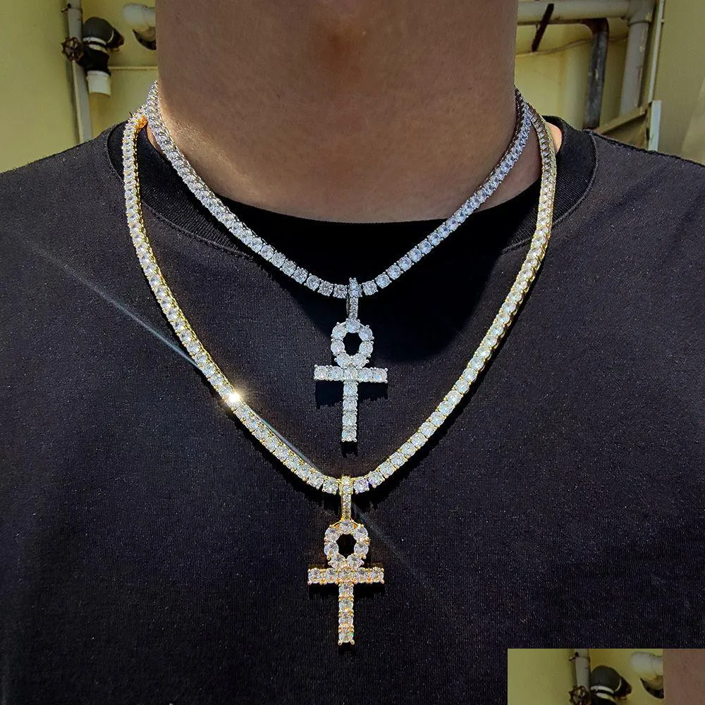 Anhänger Halsketten Hip Hop Kreuz Schlüssel Halskette Schmuck Bling Diamant Stein 18 Karat Echtgold Überzogene Drop Lieferung Anhänger Dh2Tb