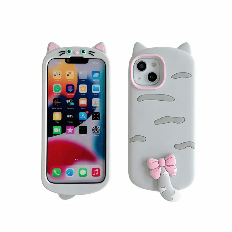 Darmowy hurtowa kreskówka DHL Bowknot Cat Tail Case 3D Case na iPhone 14 Plus 13 12 11 Pro Max Animal Słodka miękka silikonowa ochrona telefonu Gir Gir