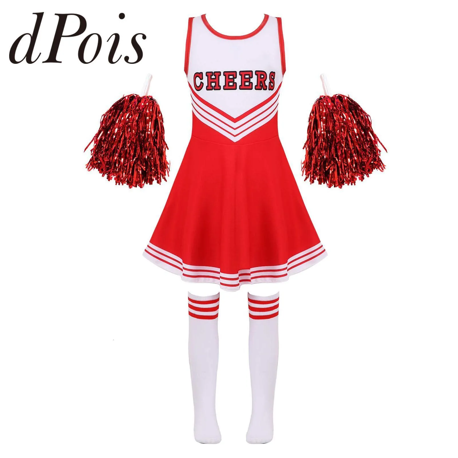 Cheerleading Kids Costume School Girls Cheerleader Uniformes Cheer Dance Outfits pour Halloween Cosplay Robe avec Chaussettes Fleur 230608