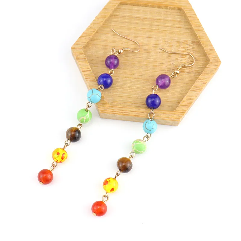 Rainbow Round Natural Stone Earrings 7 Chakra Earrings Women Long Fringed Statement Beads Earring Reiki Healing Jewelry