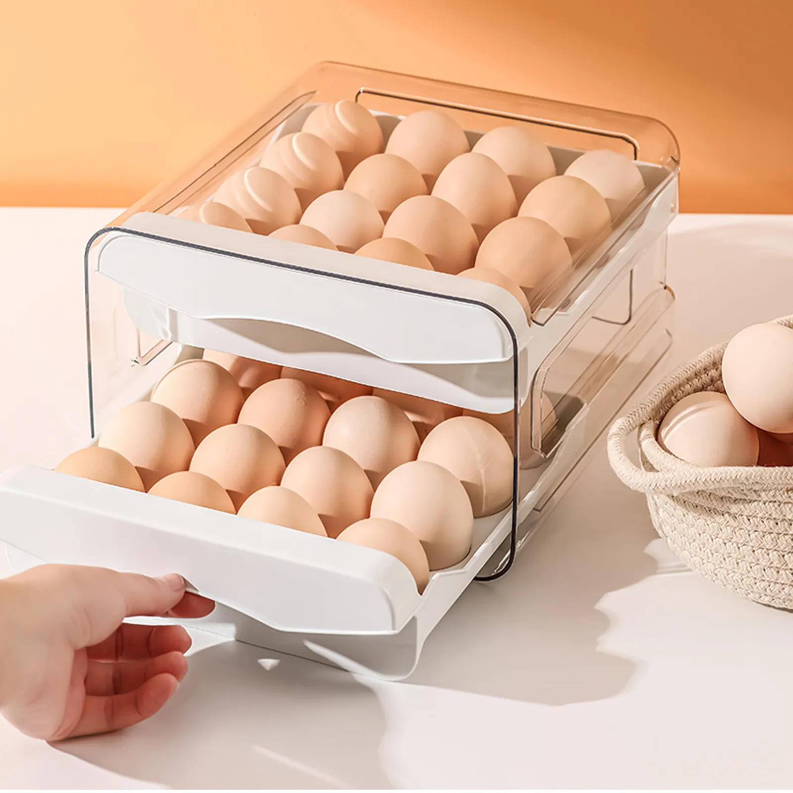Recipientes de armazenamento para economizadores de alimentos Suporte organizador de ovos para geladeira 2 camadas Tipo de gaveta Empilháveis Caixas de plástico transparente 230608