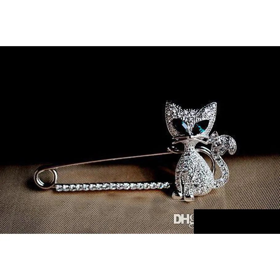 Pins Brooches Brooch Beautifly Jewellery South Korea Greeneyed Cat Rhinestone Animal Pin Christmas Drop Delivery Jewelry Dhv8J