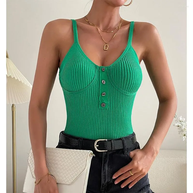 Débardeurs pour femmes Sexy dos nu SlimTank hauts femmes col en v sans manches bouton petit débardeur été discothèque vert pull collants