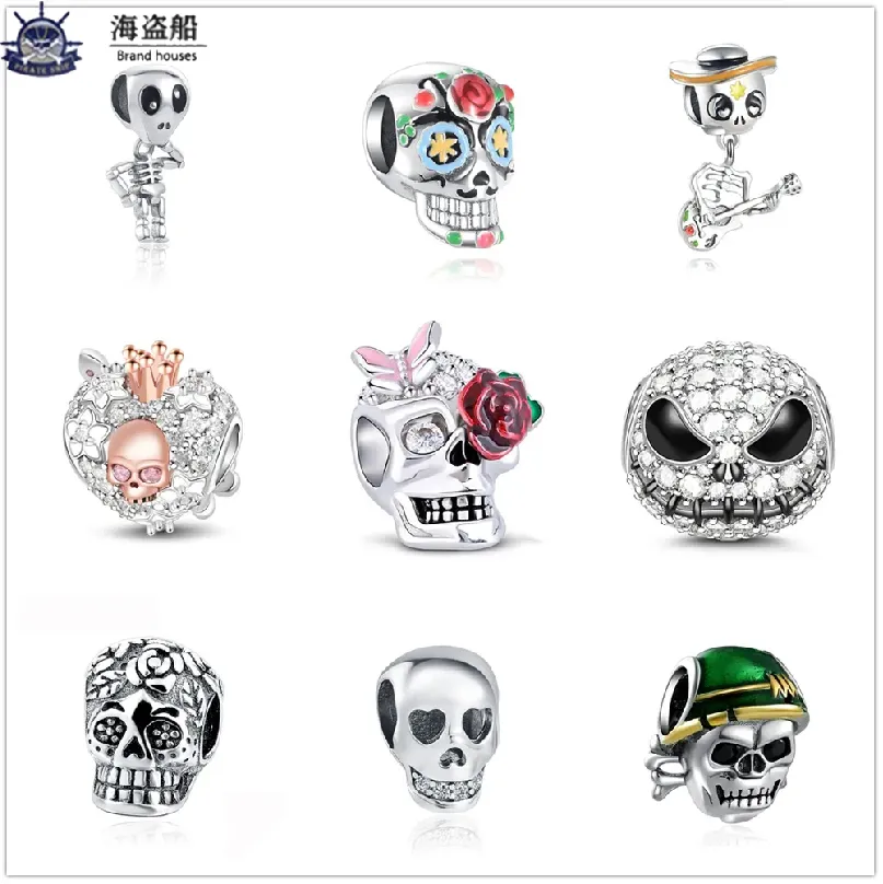 För Pandora Charms Authentic 925 Silver Beads Dingle Skull Bead Fit Pandora Charms Armband DIY smycken Tillbehör