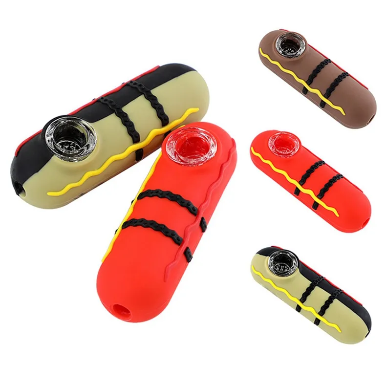 Colorful Silicone Pipes Food Hotdog Style Glass Nineholes Filter Screen Bowl Dry Herb Tobacco Cigarette Holder Hookah Waterpipe Bong Smoking Tube DHL