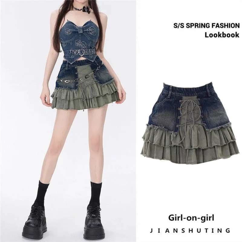 Etek yamalı kek etek denim mini yüksek bel tatlı kız y2k jean stil goth kawaii kıyafetleri 230607