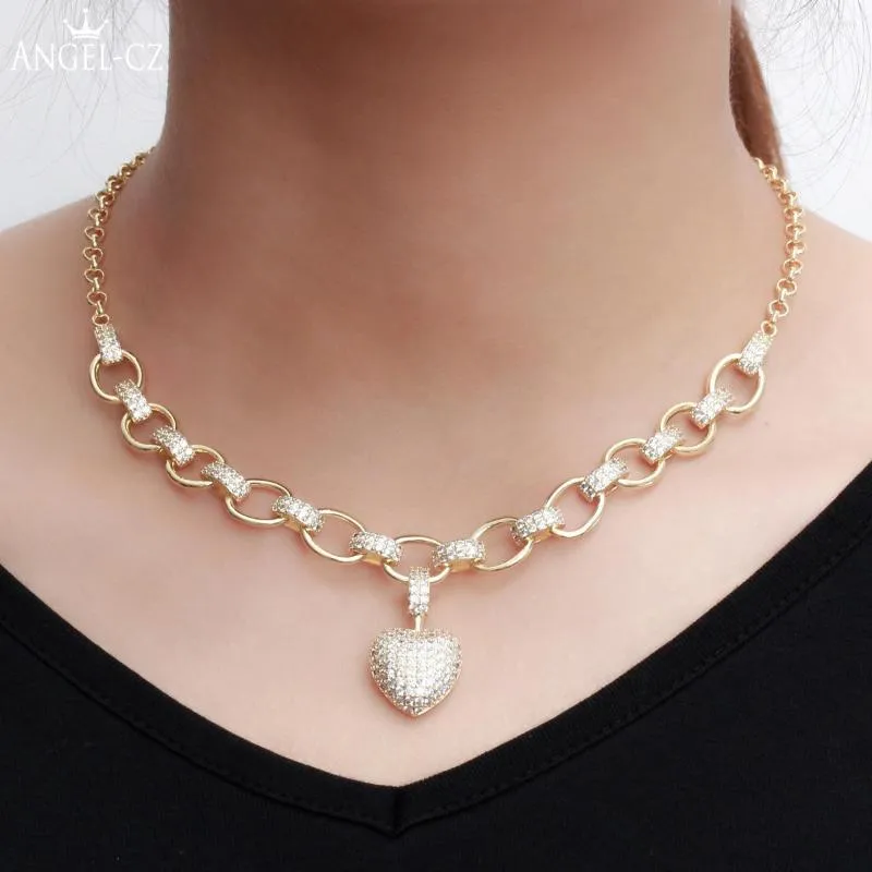 Chains ANGELCZ Luxury Golden Chain Link Necklace Inlaid Tiny Cubic Zirconia Romantic Heart Long Pendant Lady Wedding Jewelry AN027