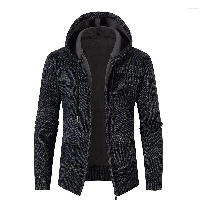 Jaquetas masculinas inverno moda masculina suéter com capuz casual xadrez jaqueta de tricô cardigã grosso masculino bomber