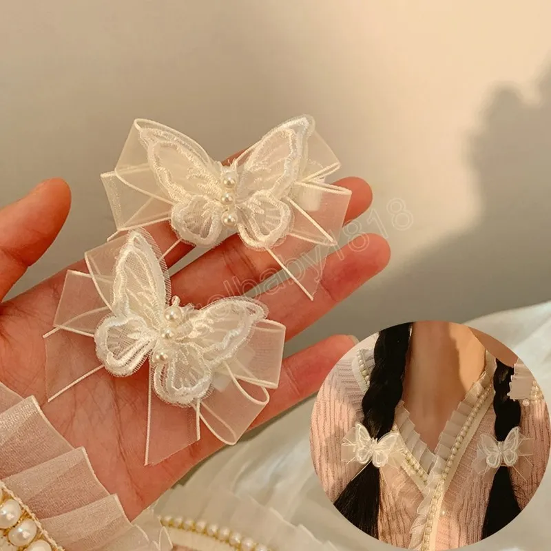 White Pearl Butterfly Bow Hairpin Headdress Duckbill Clip Girls Barrettes Gripper Hair Accessories