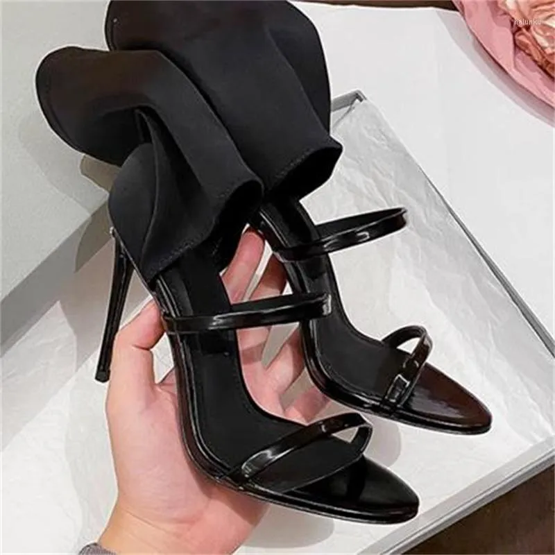 Sandalen Ärmeln Schuhe Für Damen Balck Dünne High Heels Runde Kappe frauen Patent Leder Solide Zapatos De Mujer Gürtel alias