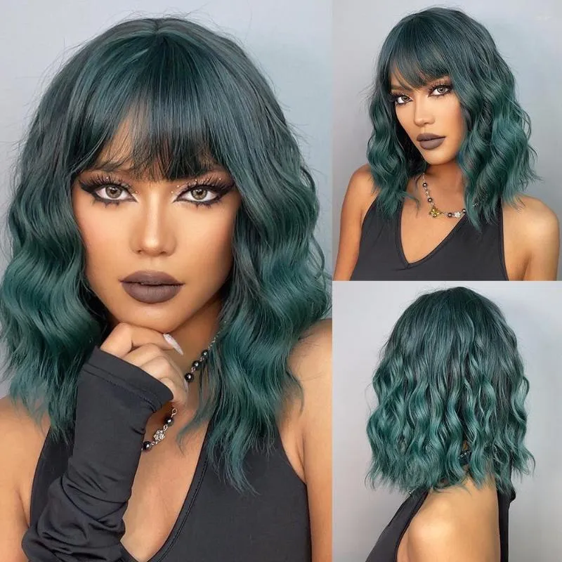 Perucas Sintéticas ALAN EATON Verde Curto Bobo Water Wave Com Franja Para Mulheres Coloridas Festa/Lolita/Cosplay Cabelo Resistente ao Calor