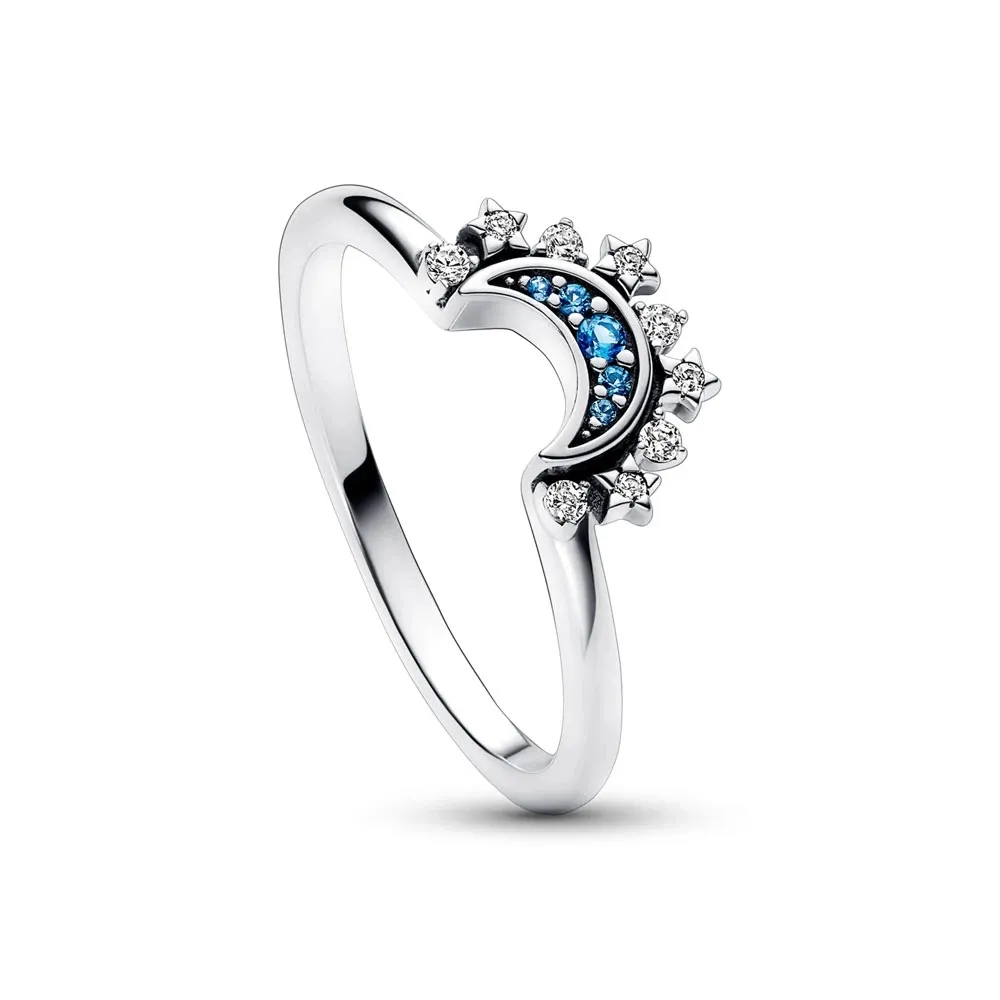Celestial 925 Silver Ring: Summer Moon & Sun, Sparkling Blue