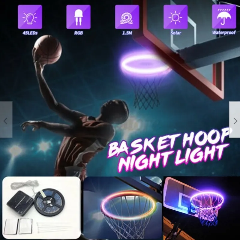 Piłki 45 diody LED Basketball Hoop Solar Light 8 Tryby Basket Pierścień Pierścień wystrój lampy IP65 Wodoodporne paski zasilania Indoor Outdoor Night Game 230608