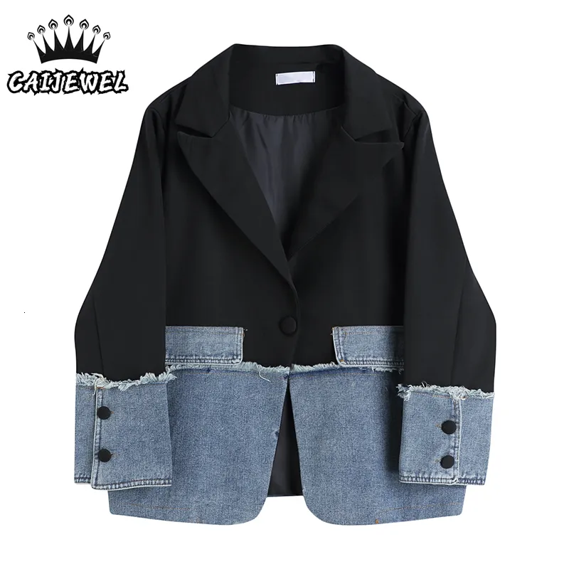 Kvinnors kostymer blazers streetwear koreanska mode kvinnors lapptäcke denim blazer kappa känsla av design baggy senior kvinnliga toppar svarta jackor outwear 230609