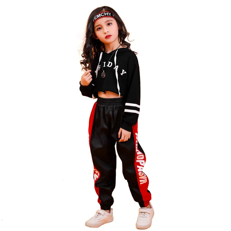 Jazz Dance Costumes Hip Hop Kids Long Sleeve Hooded Top Jogger Pants Girls Hiphop Clothes Street Dance Stage Show Wear (1)