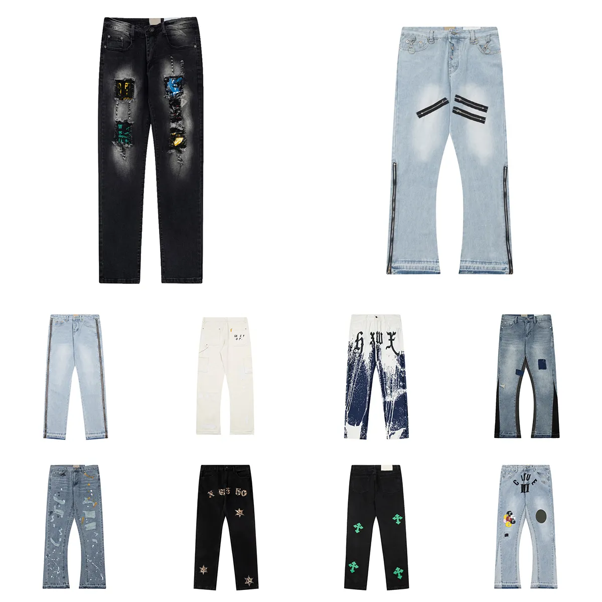 Hochwertige Herren-Jeans von Galleries, Distressed Slim Dept Ripped Biker Motorrad Denim für Männer und Frauen, modische Jeans für Damen, Patchwork-Hose A026