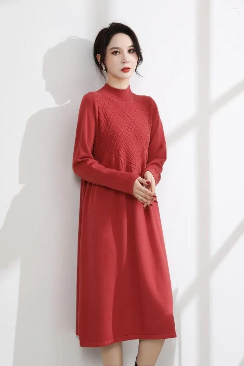 Casual Dresses 2023 Fashion Elegant Lady Sweater Dress Spring Long Women Vintage Half High Colar Sleeve Ruched Knitting K340