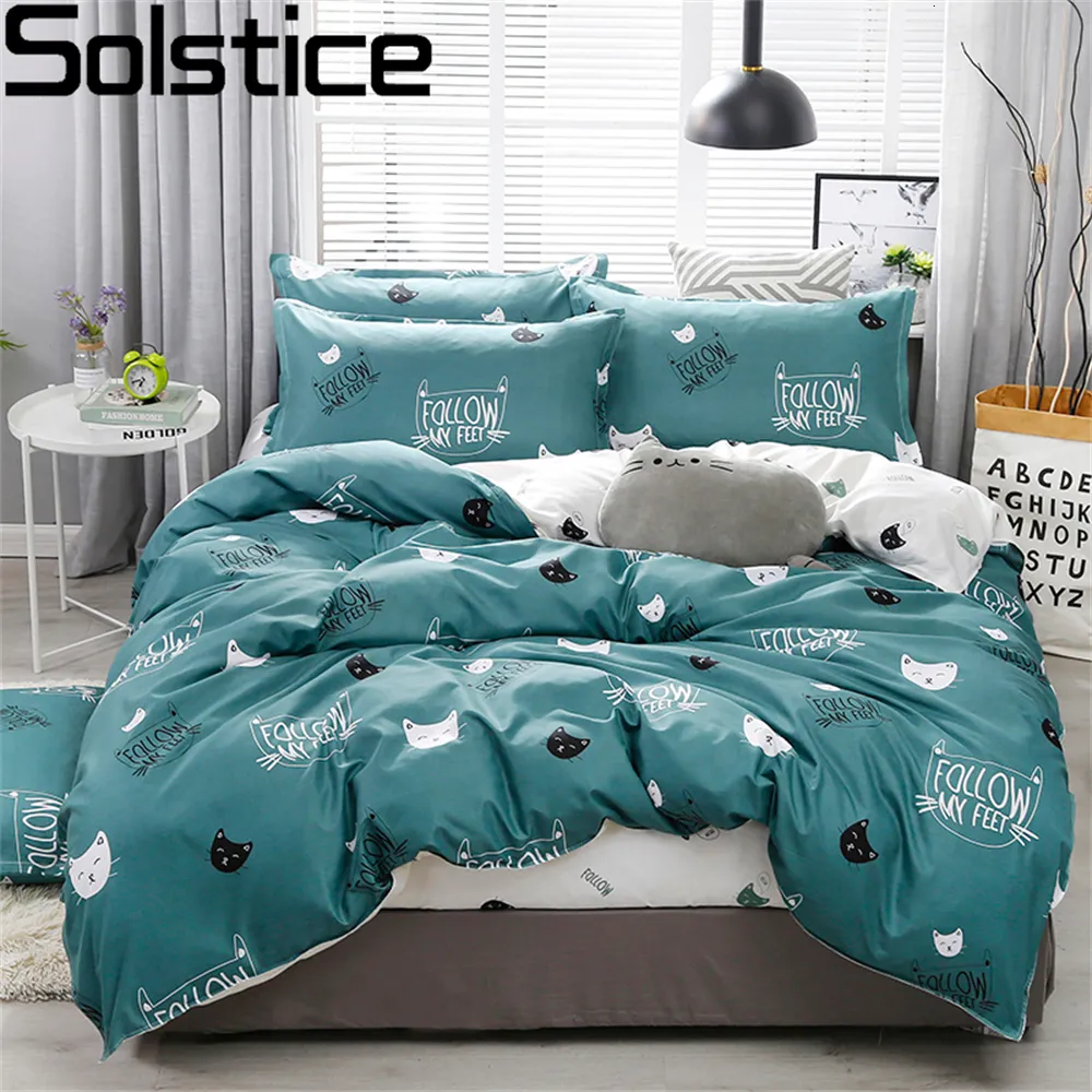 Bettwäsche-Sets Solstice Home Textile Cyan Cute Cat Kitty Bettbezug Kissenbezug Bettlaken Boy Kid Teen Girl Covers Set King Queen Twin 230609